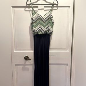 Full length, dark blue maxi dress with Chevron, blue and green chiffon top.